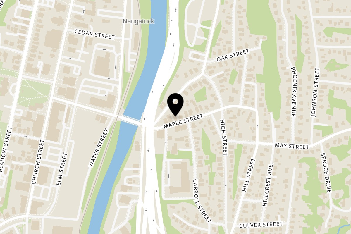 Map showing the location of Cabanas Café on 172 Maple St in Naugatuck